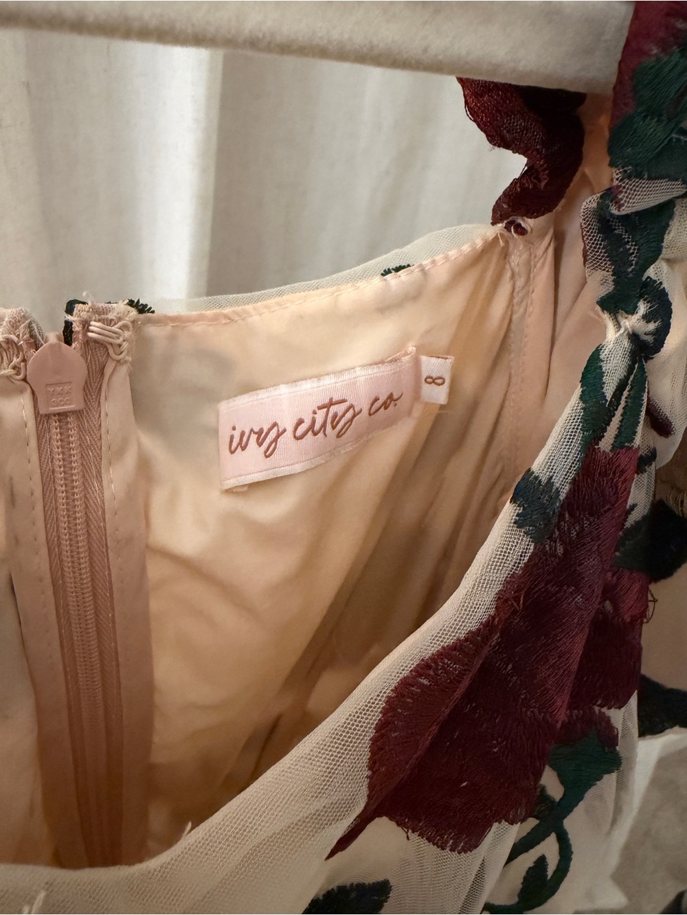 Ivy City Co Cream Maxi Dress with Burgundy & Green Floral Embroidery - Picture 2 of 4